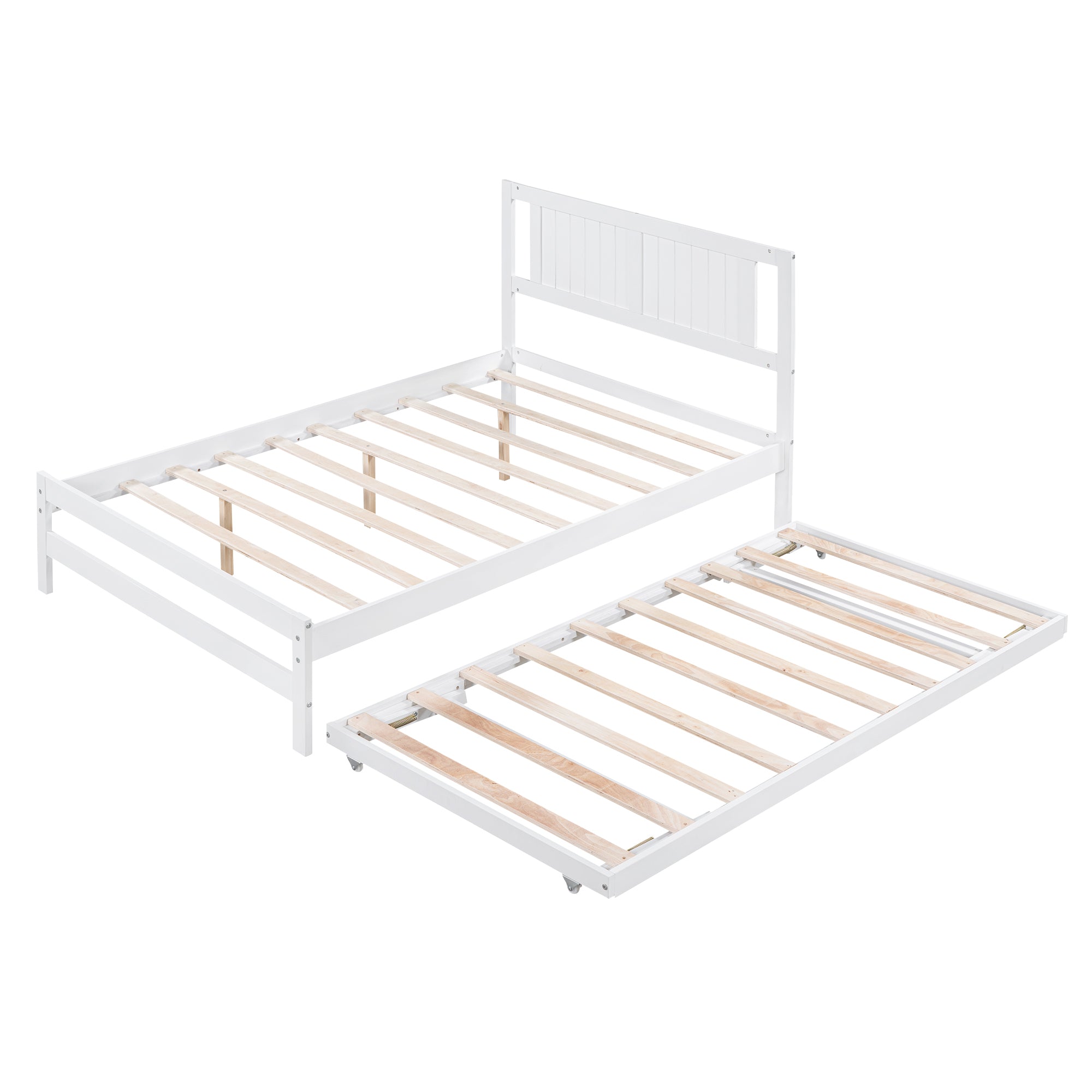 Full Size Platform Bed with Adjustable Trundle (White)