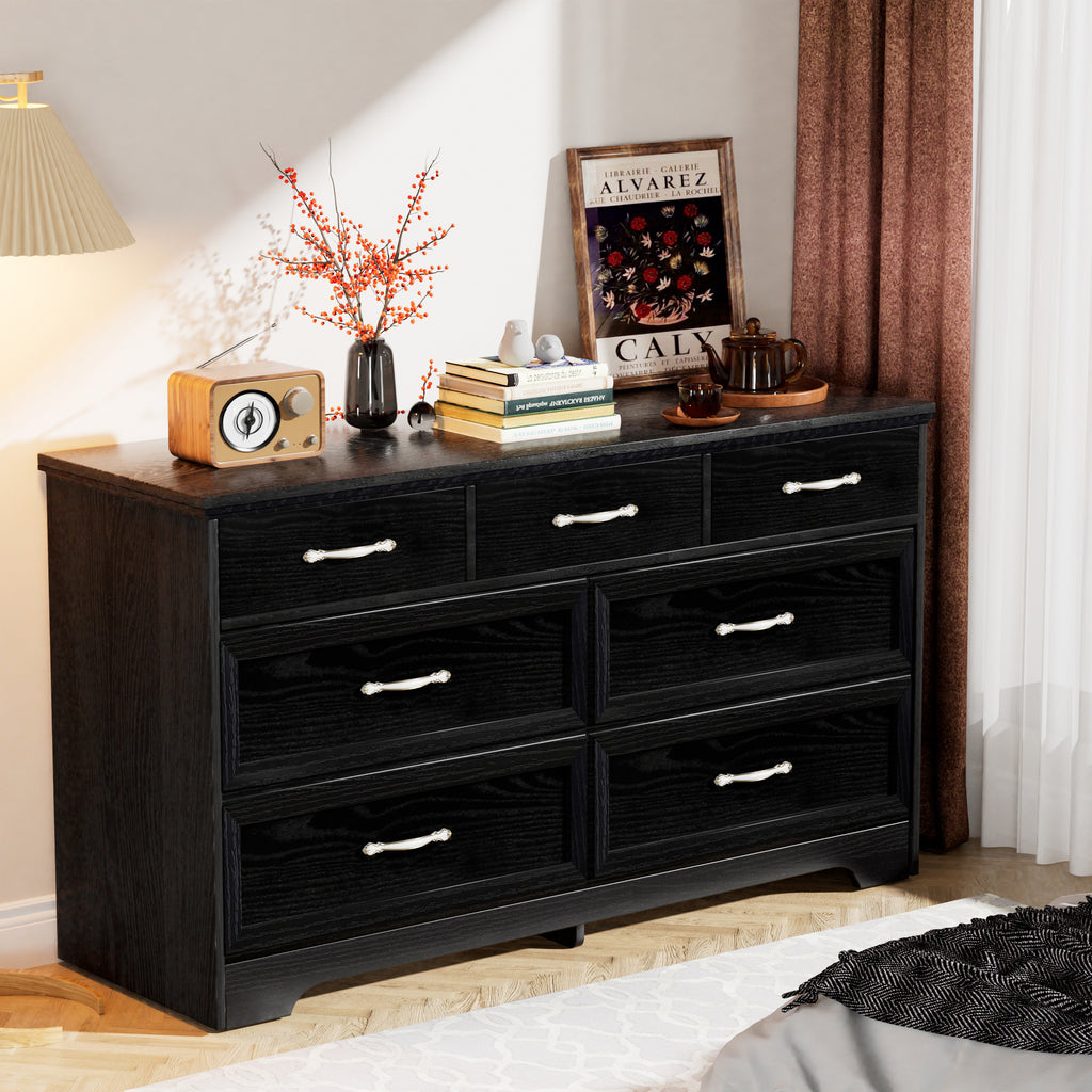 Modern 7 Drawers Dresser w/ Chest (Black)
