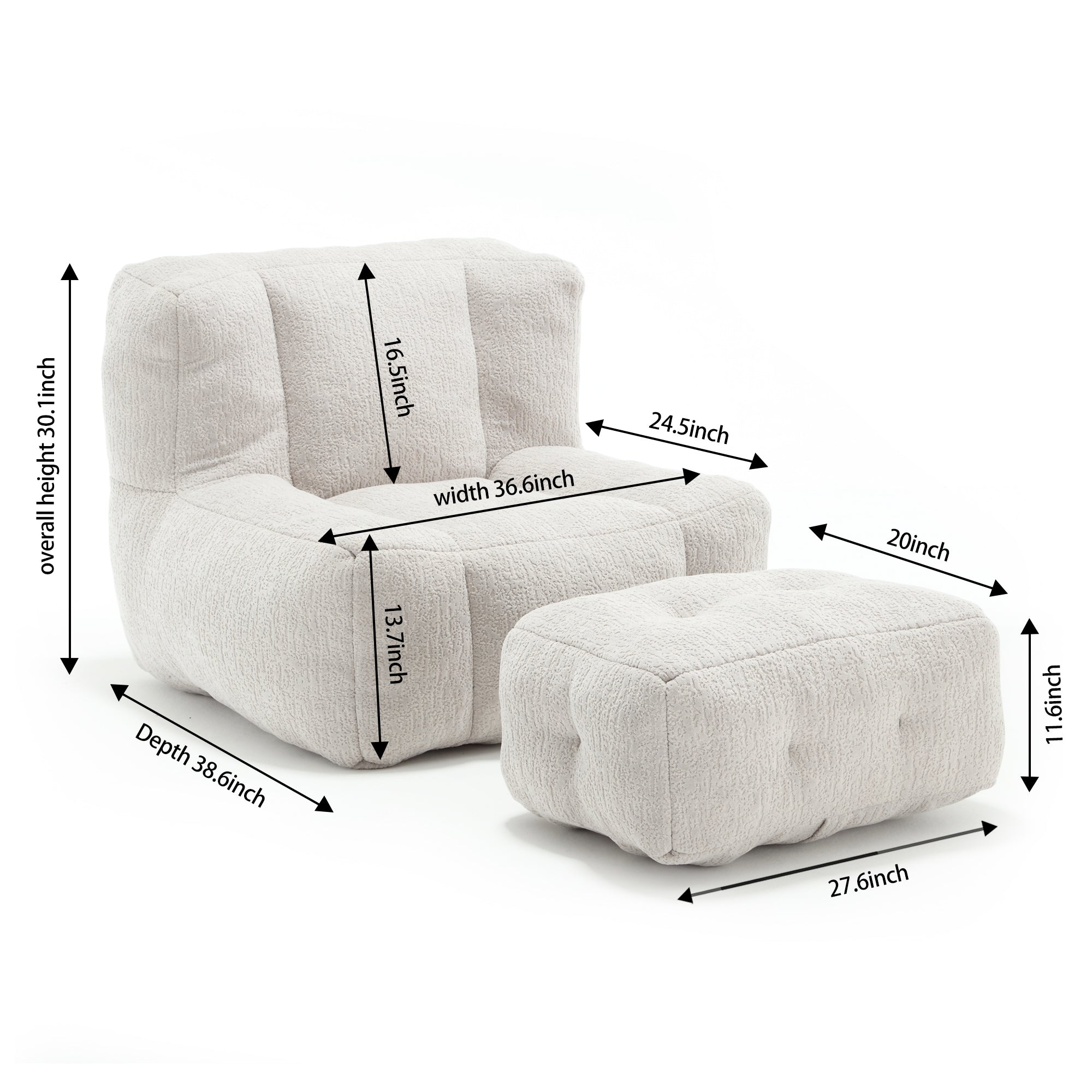 Fluffy Bean Bag Chair & Footstool w/ Memory Foam (Gray)