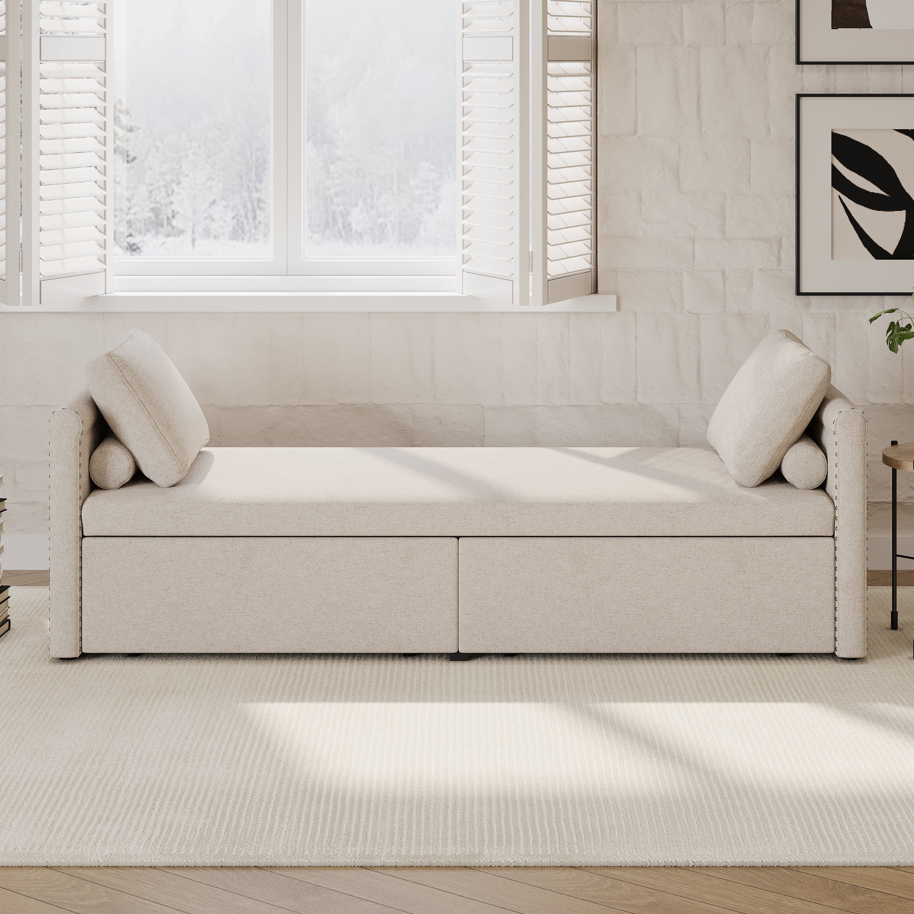 Modern Lounge Chair Sofa Bed w/ 2 Drawers - without mattress (Beige)