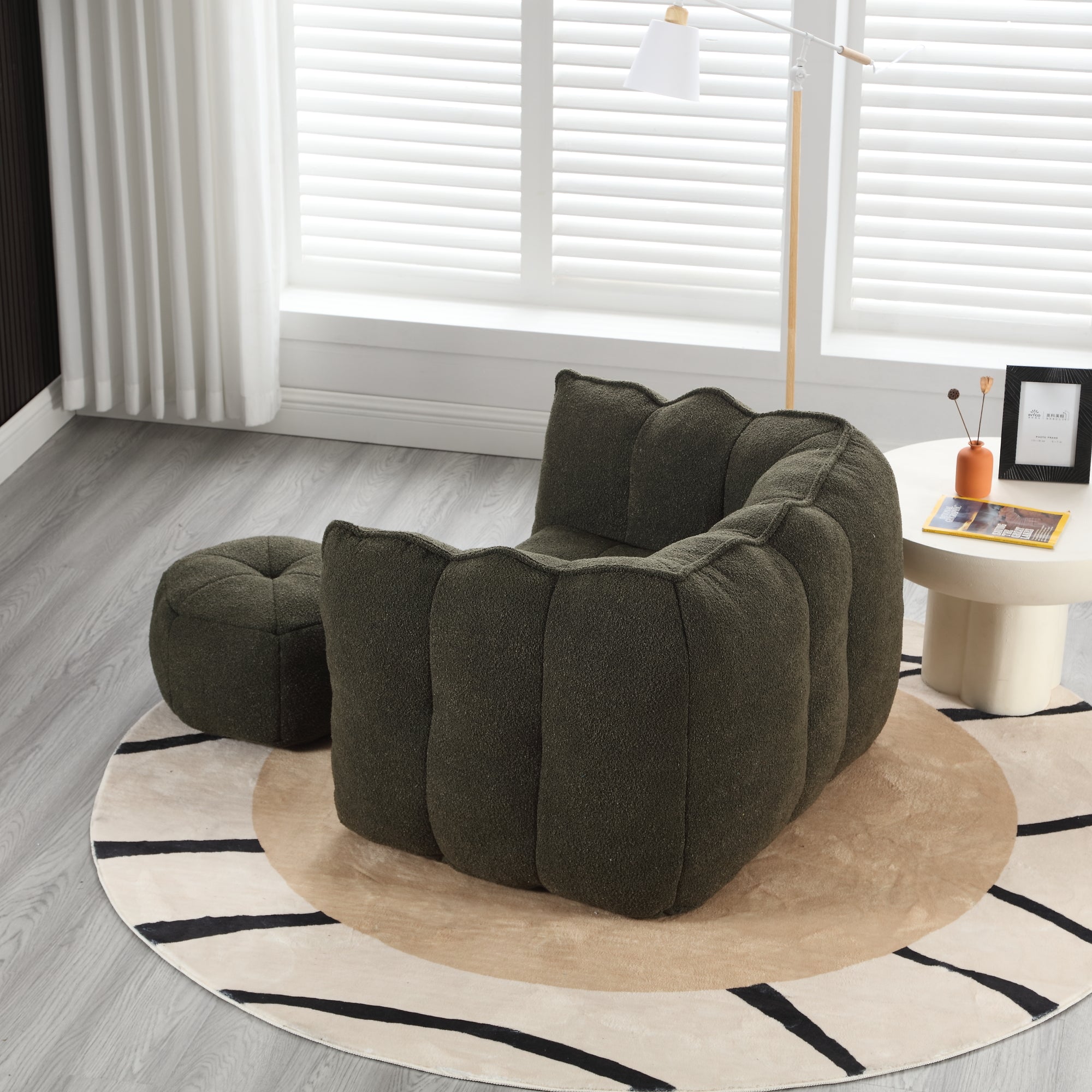 Plush Foam Lounger w/ Ottoman (Olive Green)