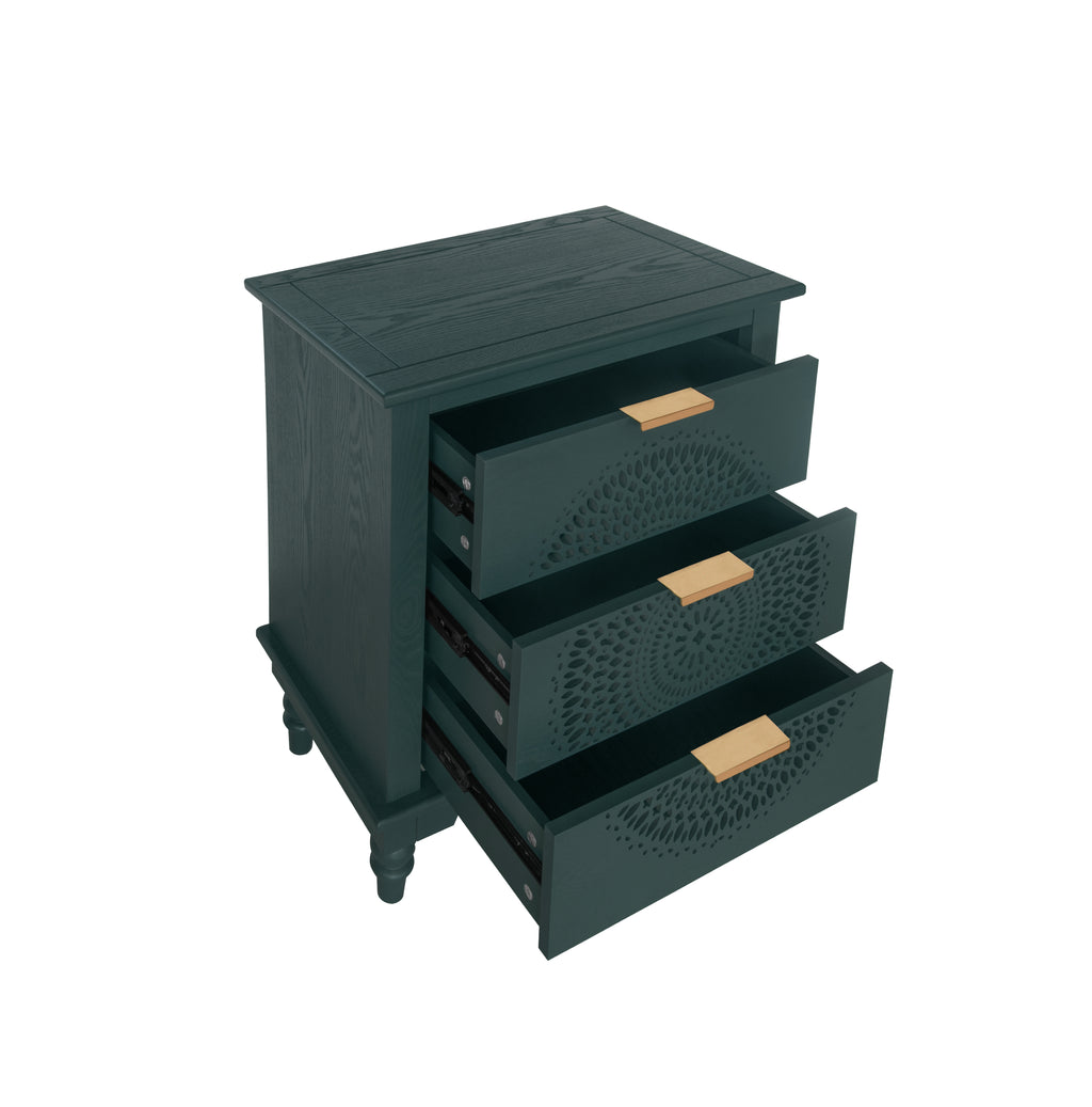 Hollow-Carved 3 Drawer Dresser Chest (Blackish Green)