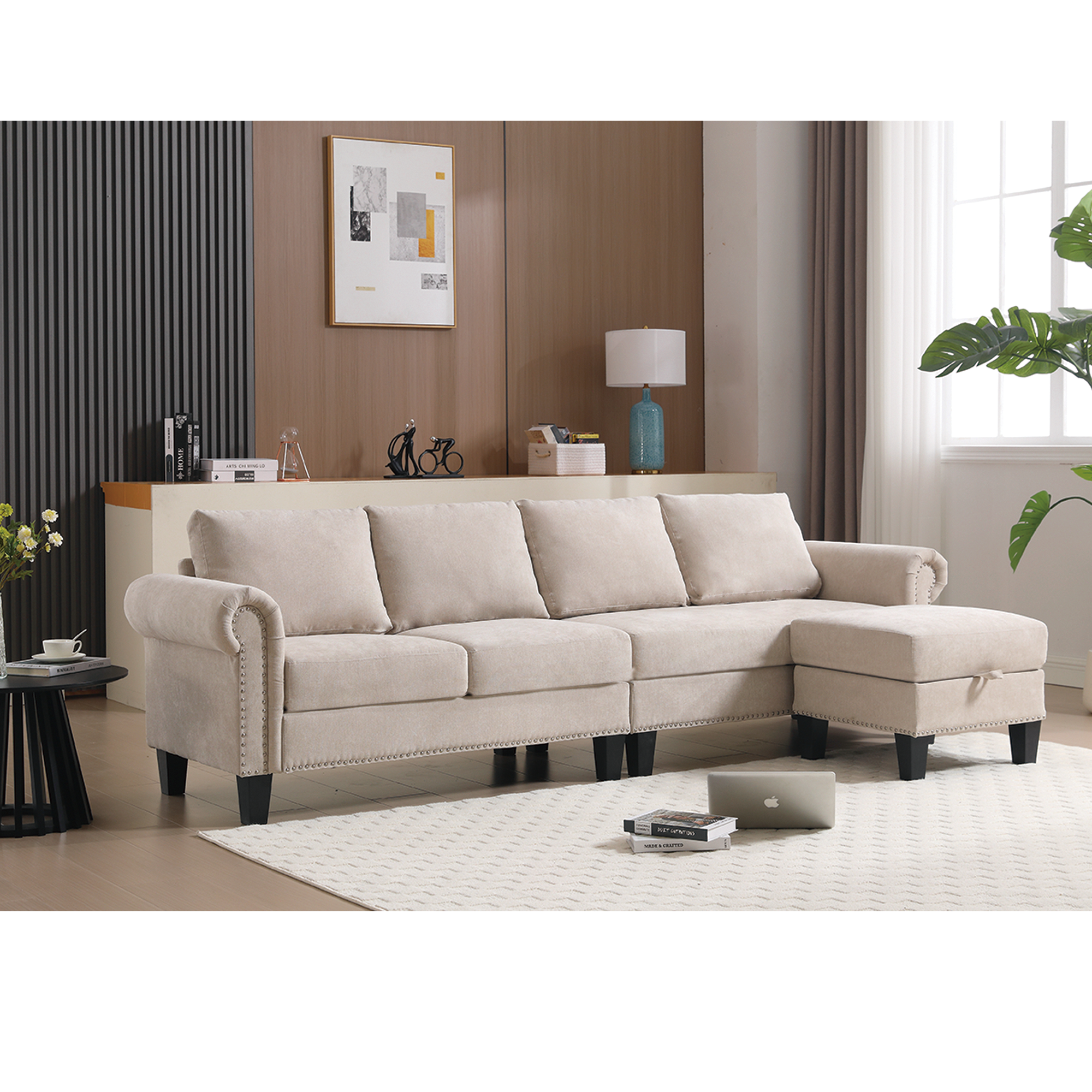 Convertible L-shaped Sectional w/ Storage (Beige)