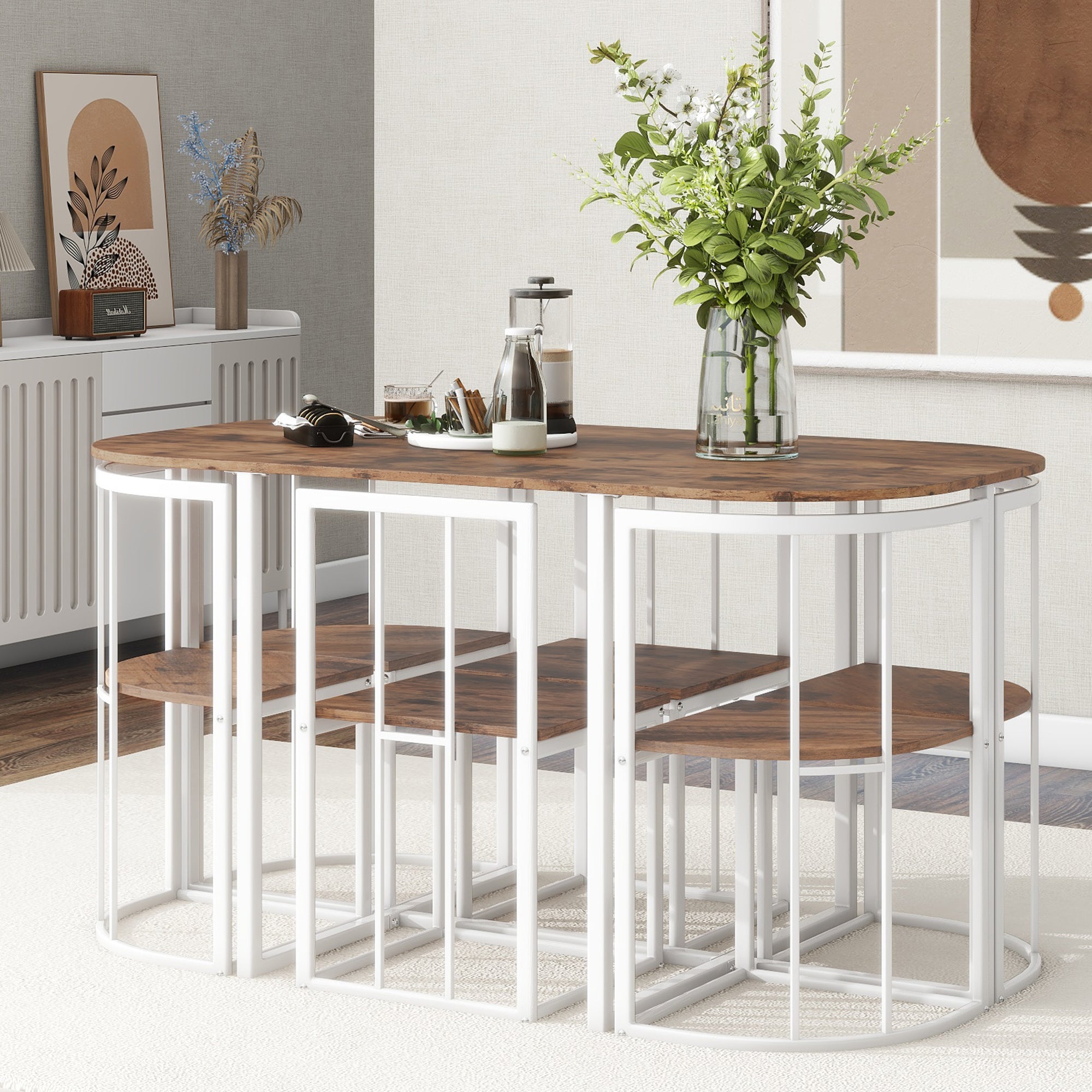 Modern 7-Piece Dining Table Set with Faux Marble (White/Cherry)