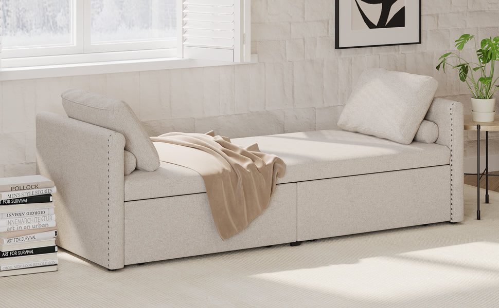 Modern Lounge Chair Sofa Bed w/ 2 Drawers - without mattress (Beige)