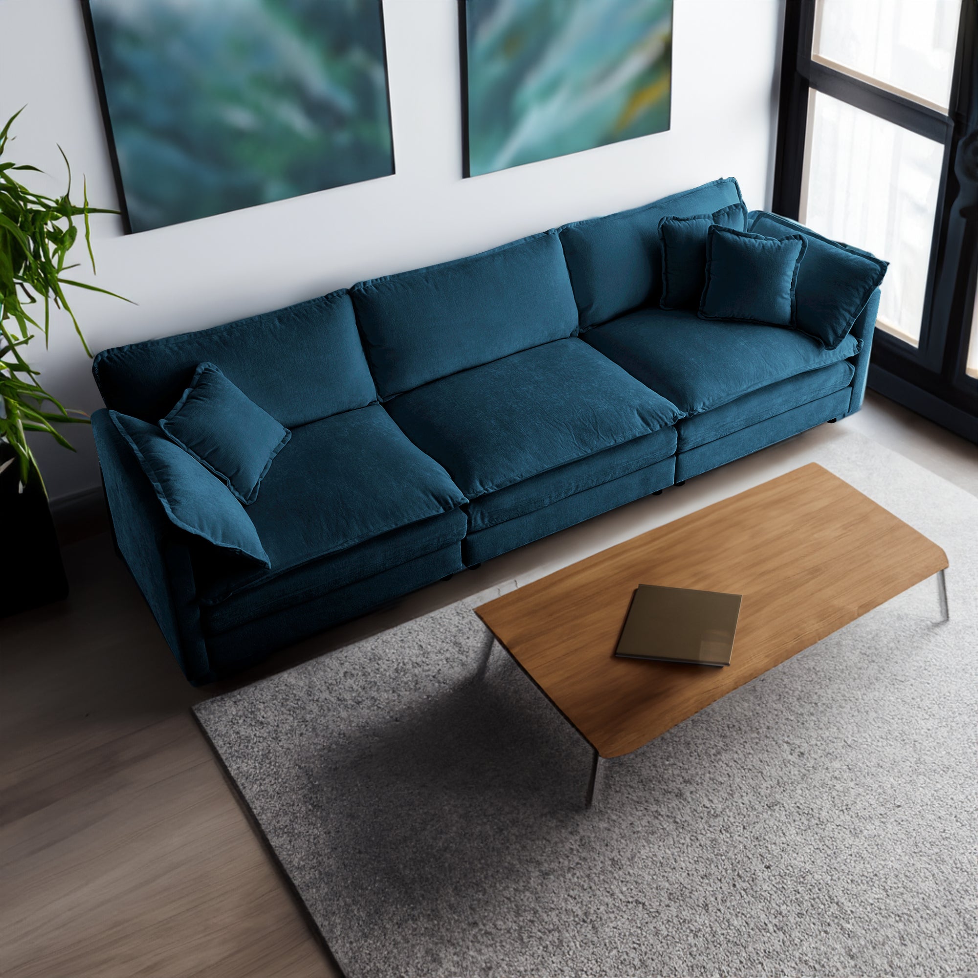 Mid-Century 3-Seat Chenille Sofa with 2 Armrest Pillows and 3 Toss Pillows (Blue)