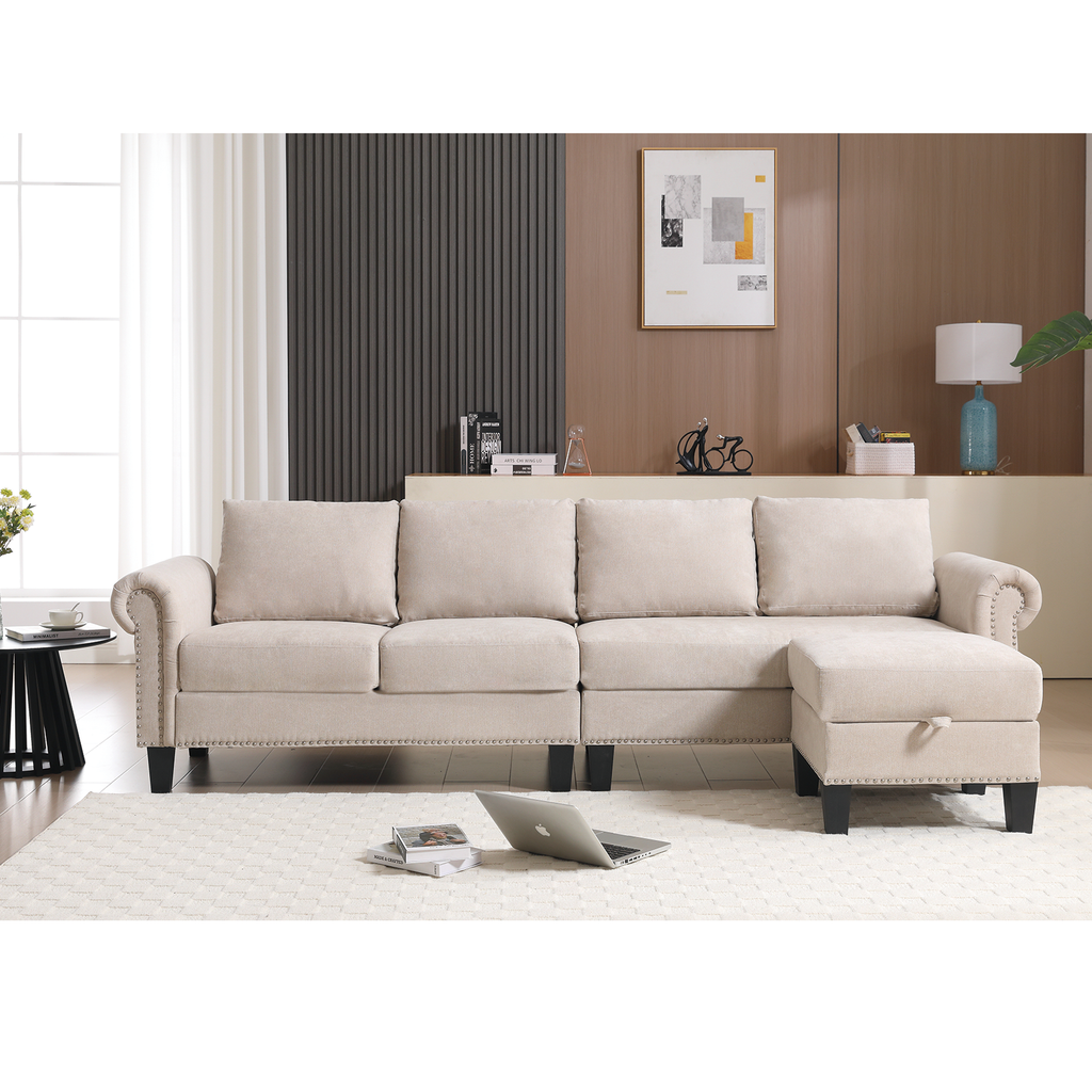 Convertible L-shaped Sectional w/ Storage (Beige)