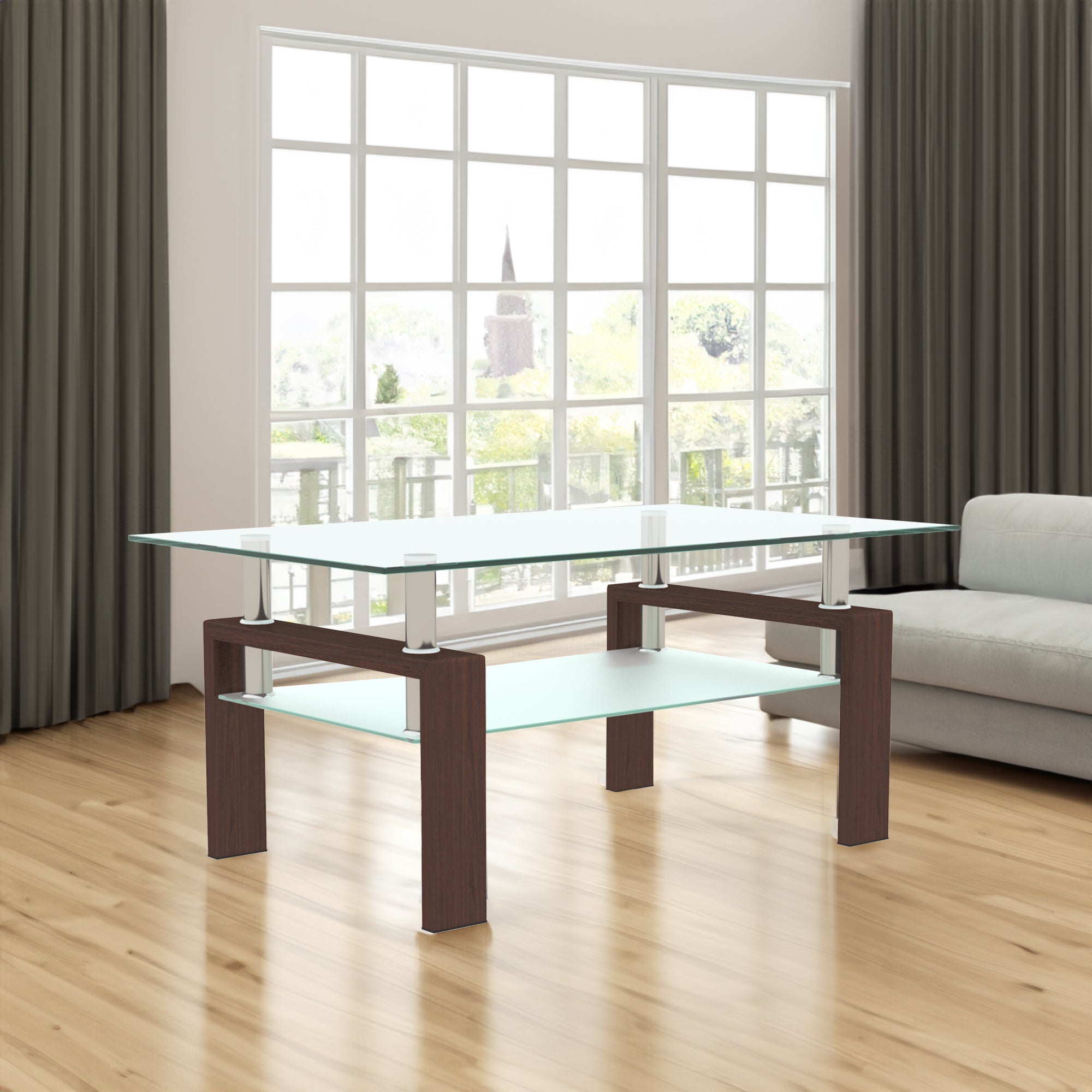 Modern 2-Layer Rectangle Glass Coffee Table (Walnut)