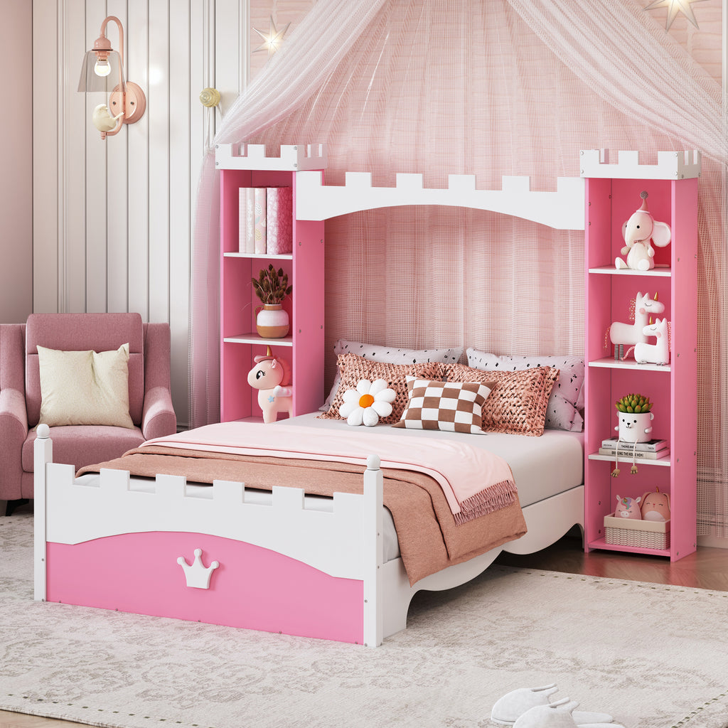 Castle-Shaped Wooden Bed w/ Storage Shelf (Pink)