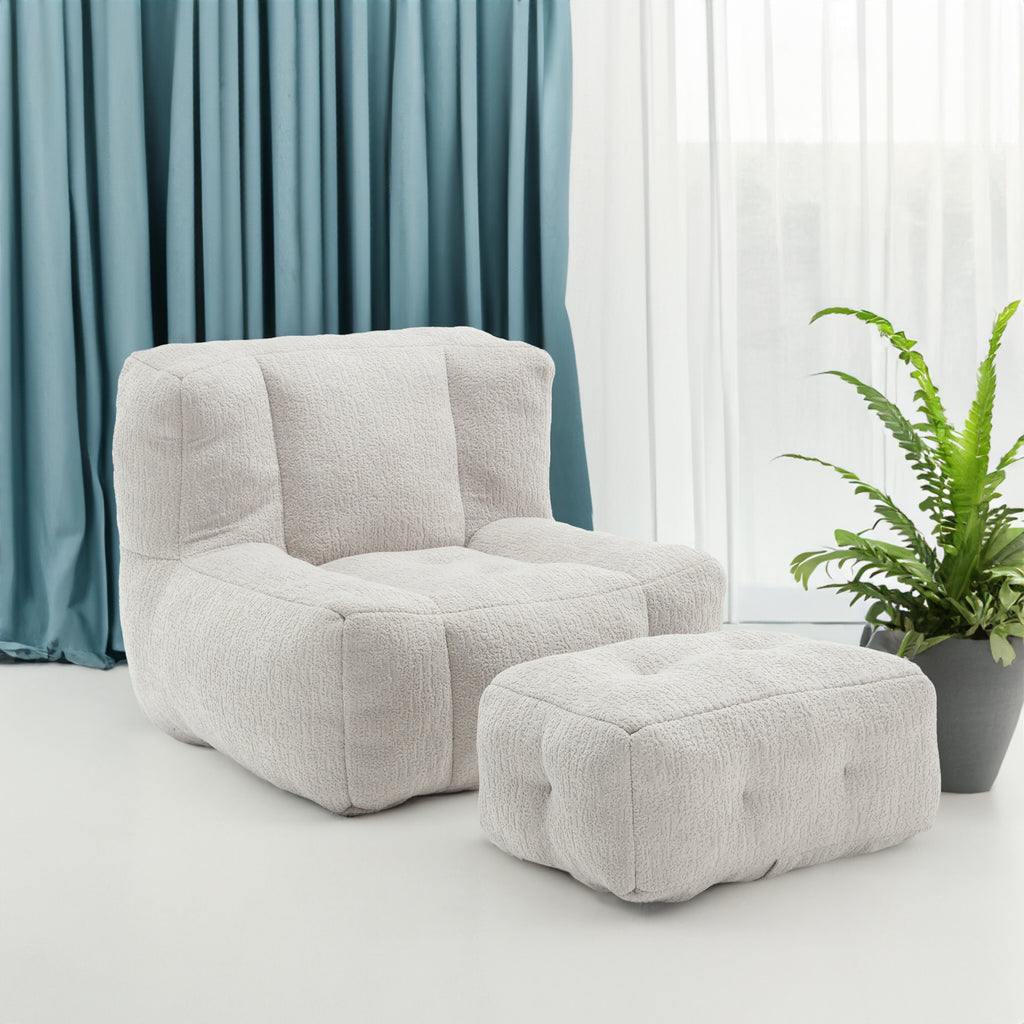 Fluffy Bean Bag Chair & Footstool w/ Memory Foam (Gray)