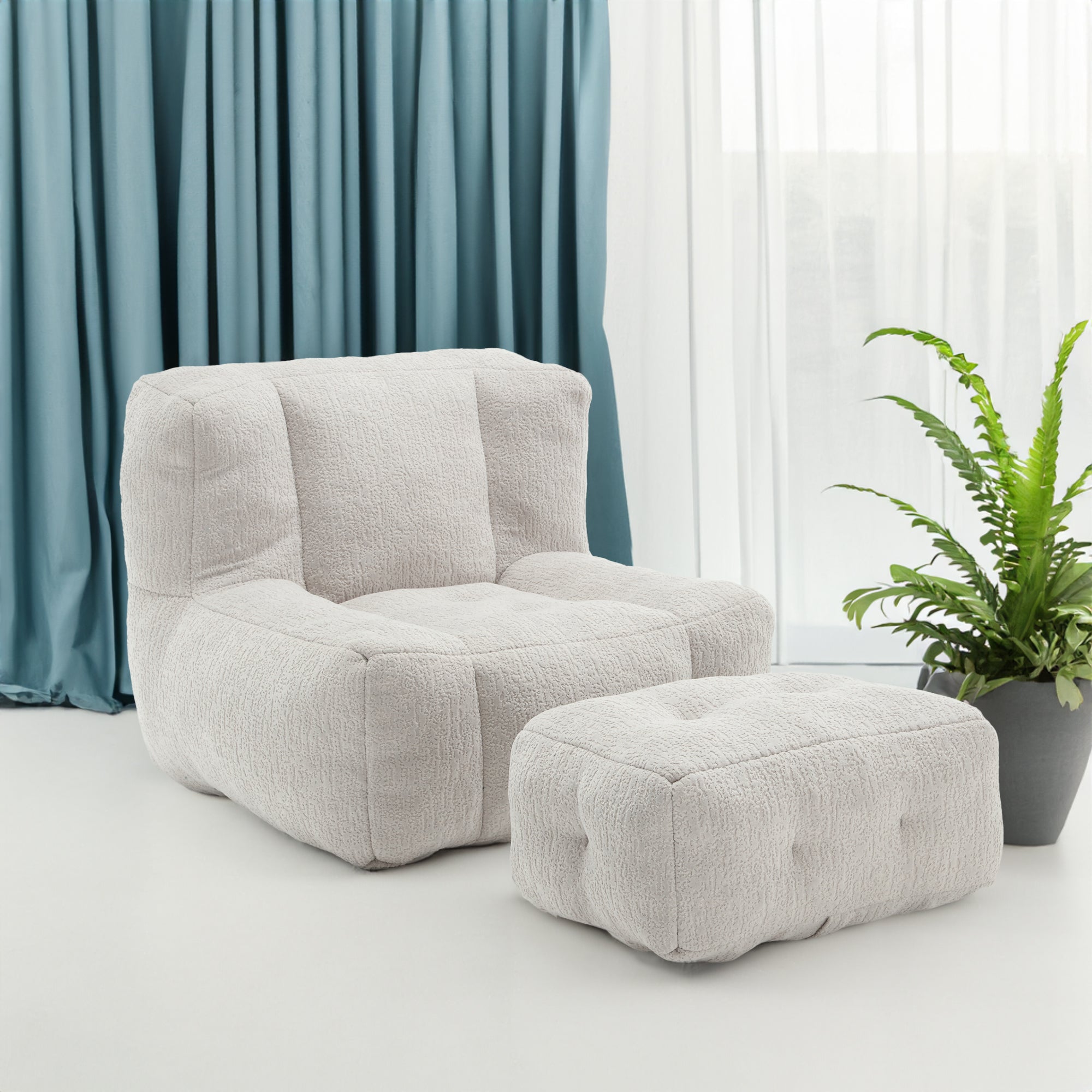 Fluffy Bean Bag Chair & Footstool w/ Memory Foam (Gray)