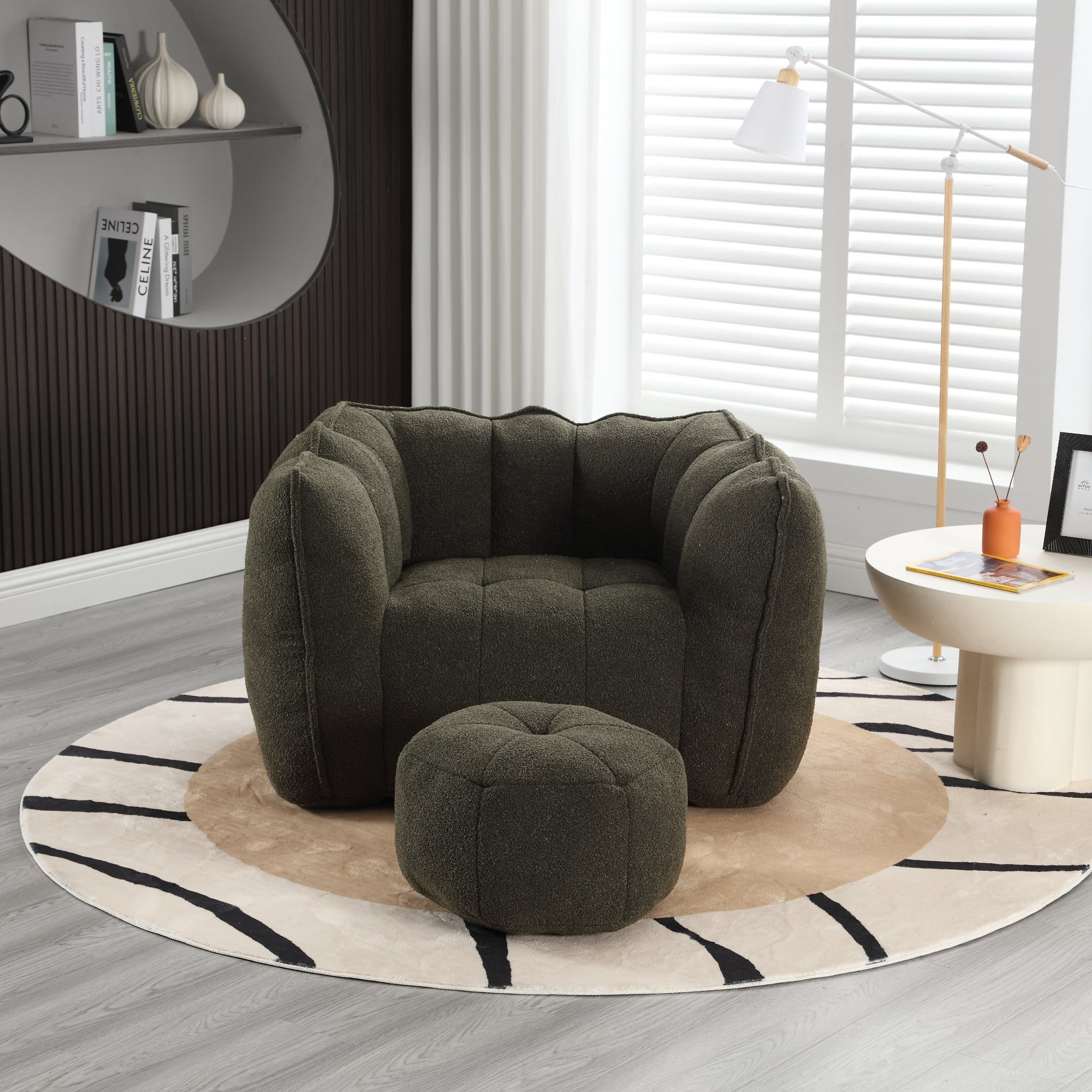 Plush Foam Lounger w/ Ottoman (Olive Green)