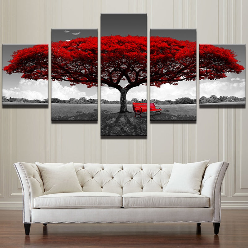 Modular Canvas HD Print Wall Art - 5 Pieces Red Tree