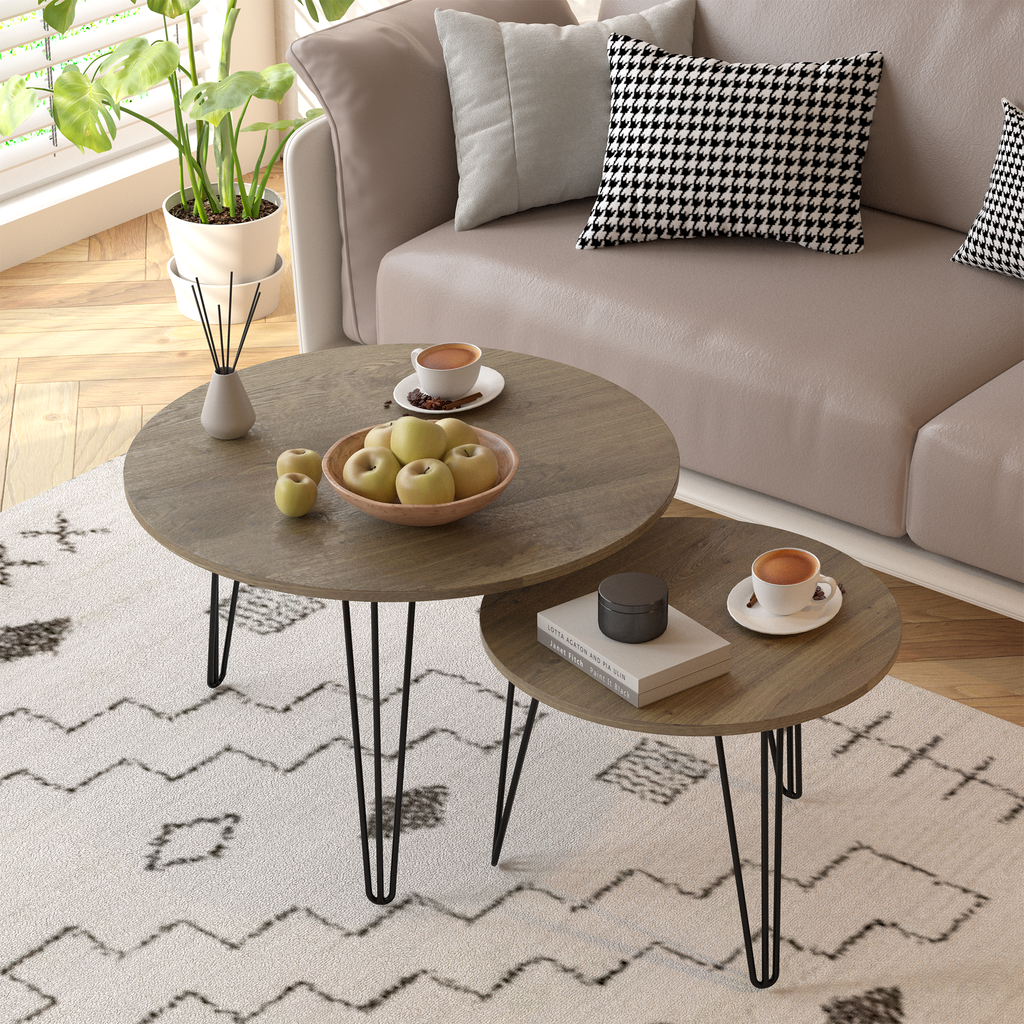 2 Set Round Nesting End Table Set w/ Sturdy Metal Base (Brown)
