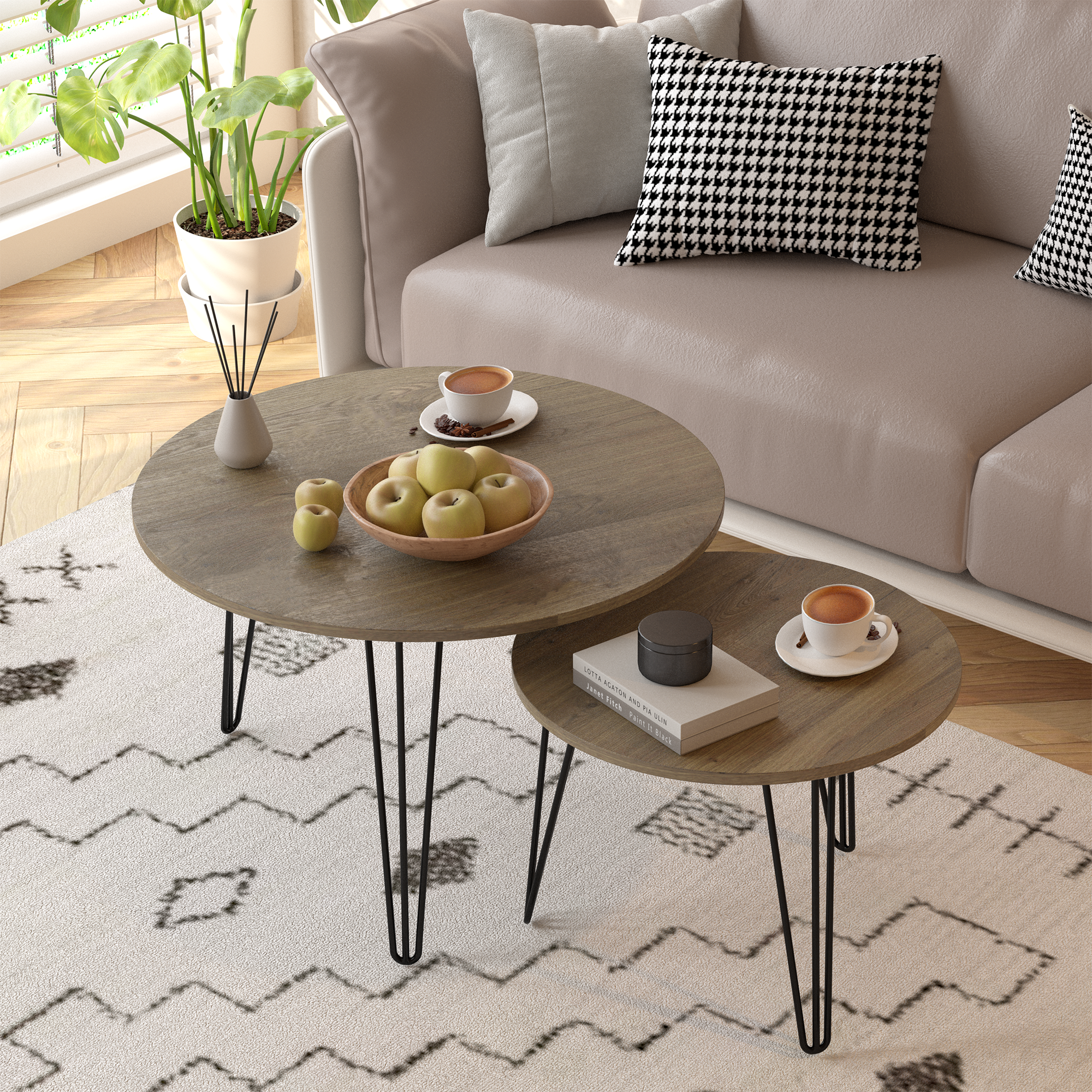 2 Set Round Nesting End Table Set w/ Sturdy Metal Base (Brown)