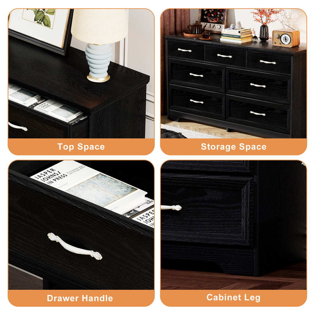 Modern 7 Drawers Dresser w/ Chest (Black)