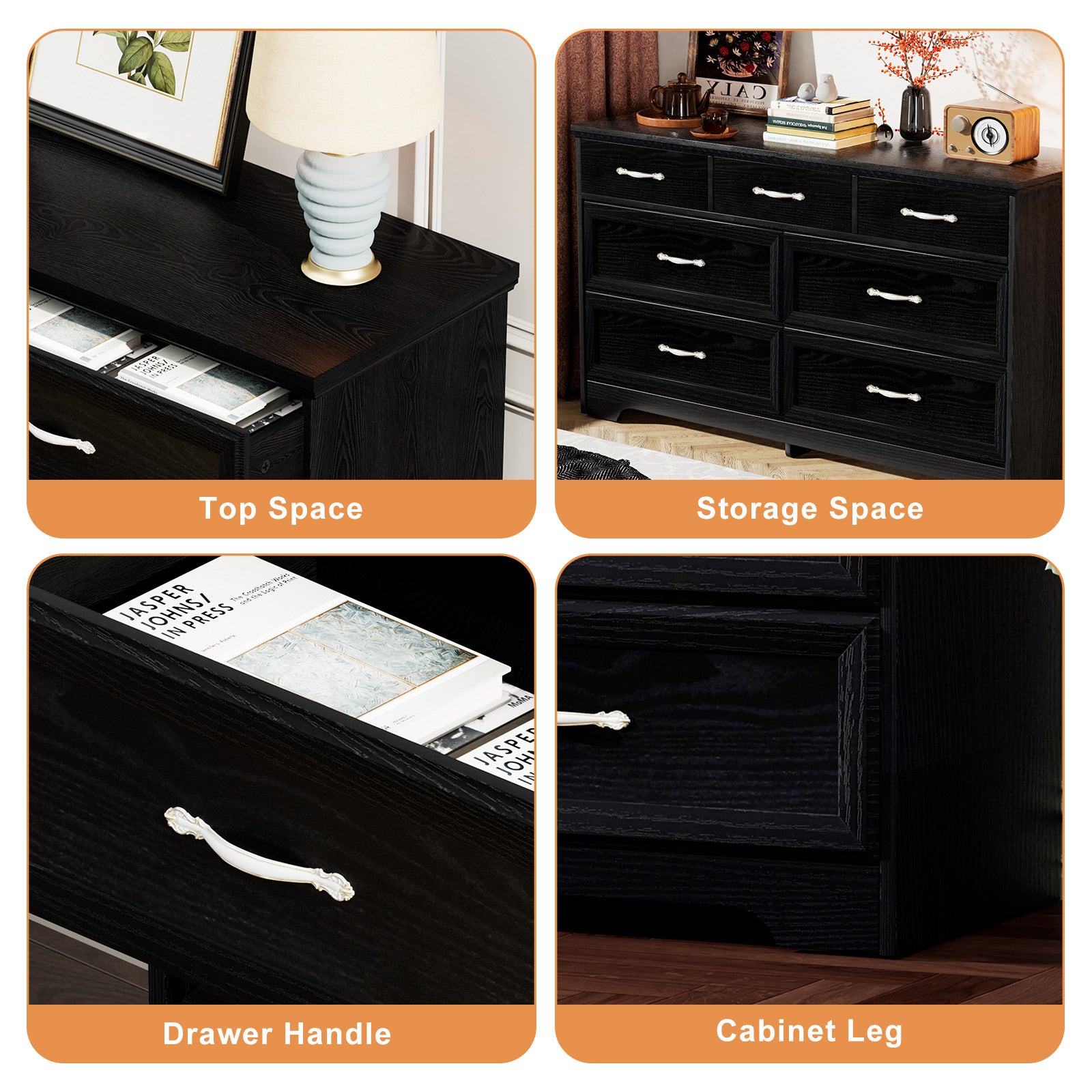 Modern 7 Drawers Dresser w/ Chest (Black)