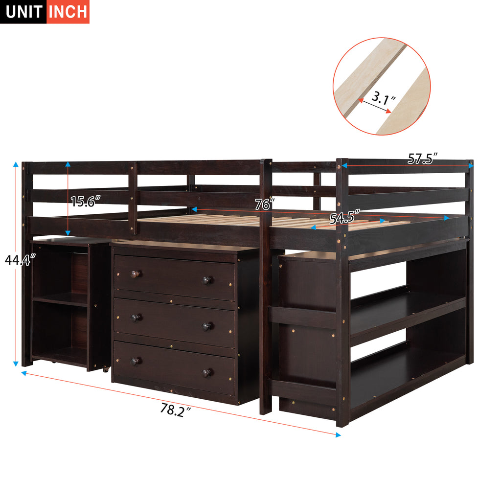 Low Study Full Loft Bed w/ Cabinet Shelves & Desk (Espresso)
