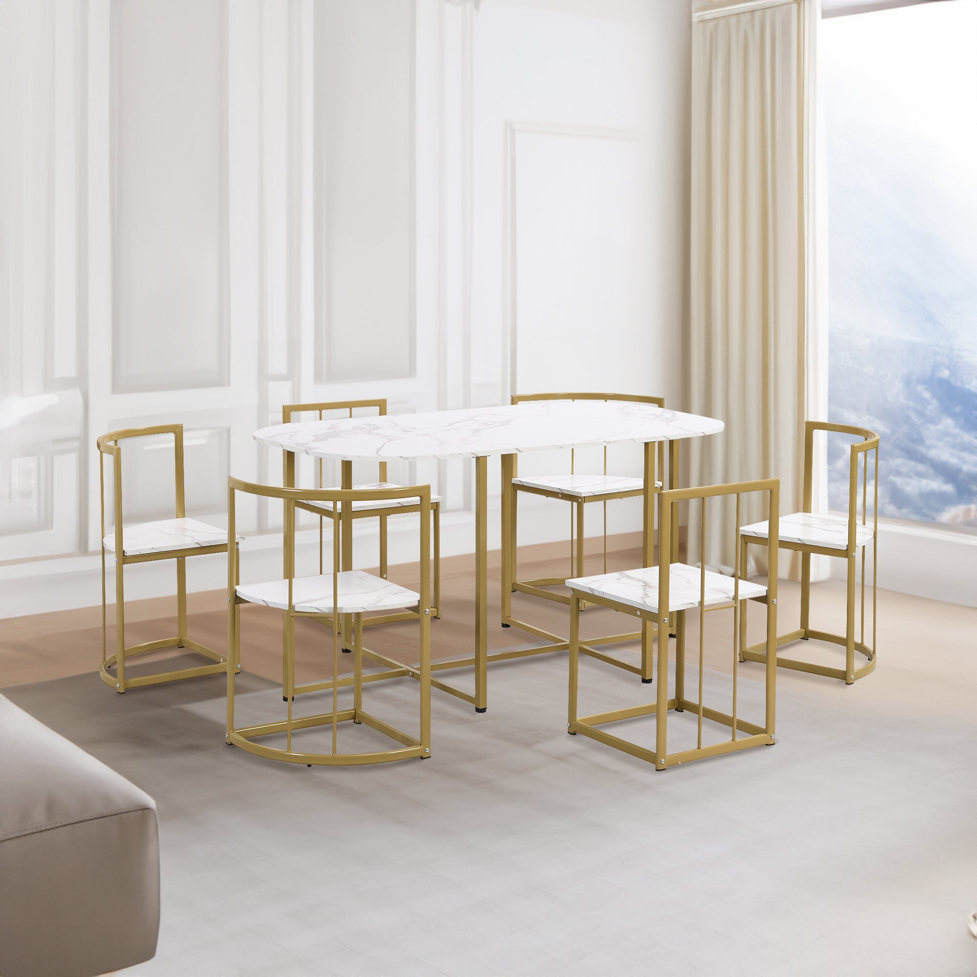 Modern 7-Piece Dining Table Set with Faux Marble (White/Gold)