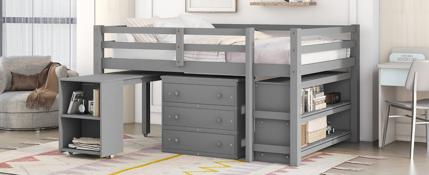 Low Study Full Loft Bed w/ Cabinet Shelves & Desk (Gray)