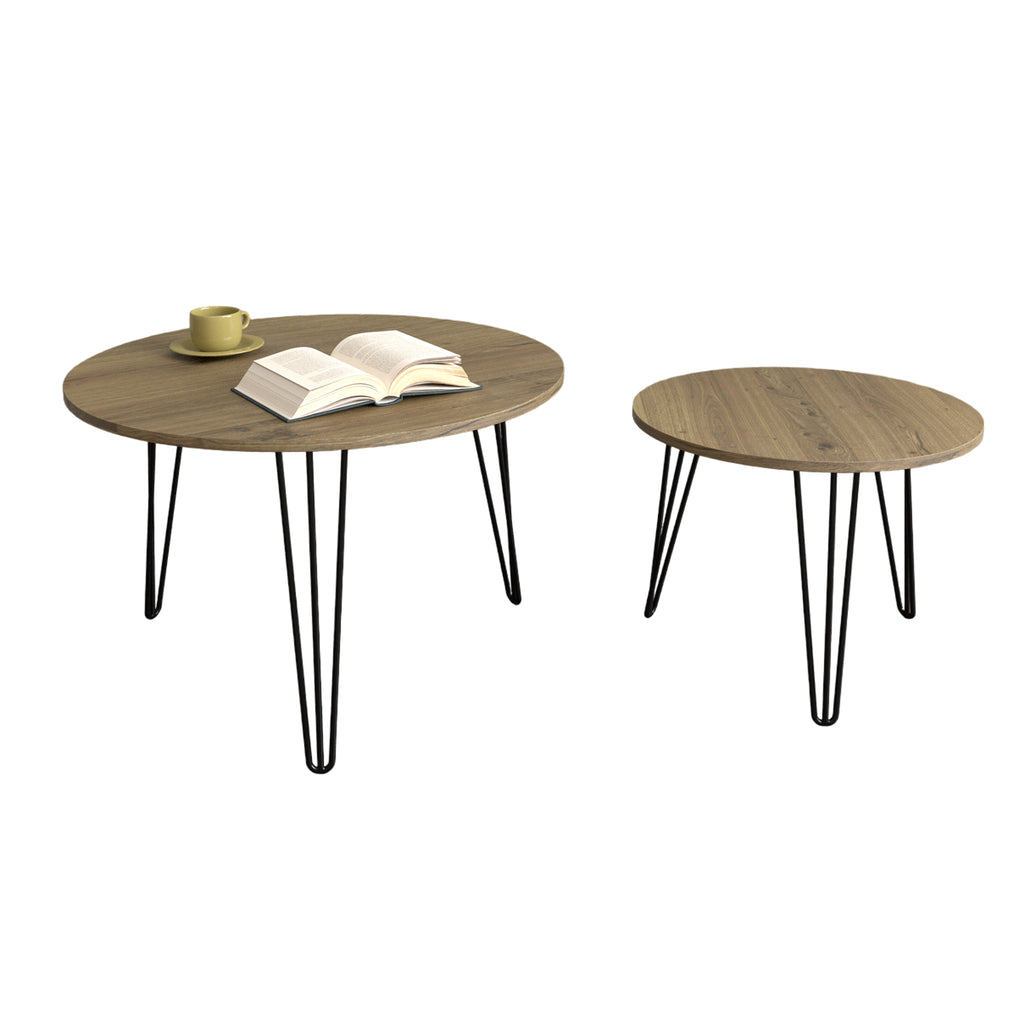 2 Set Round Nesting End Table Set w/ Sturdy Metal Base (Brown)