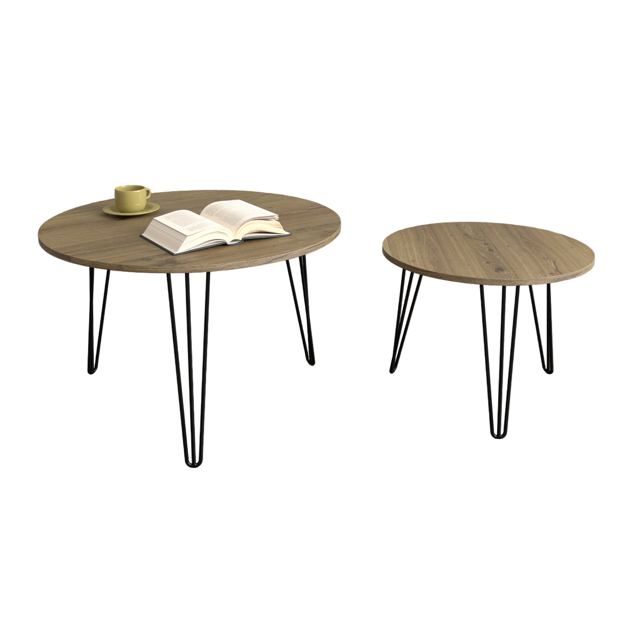 2 Set Round Nesting End Table Set w/ Sturdy Metal Base (Brown)