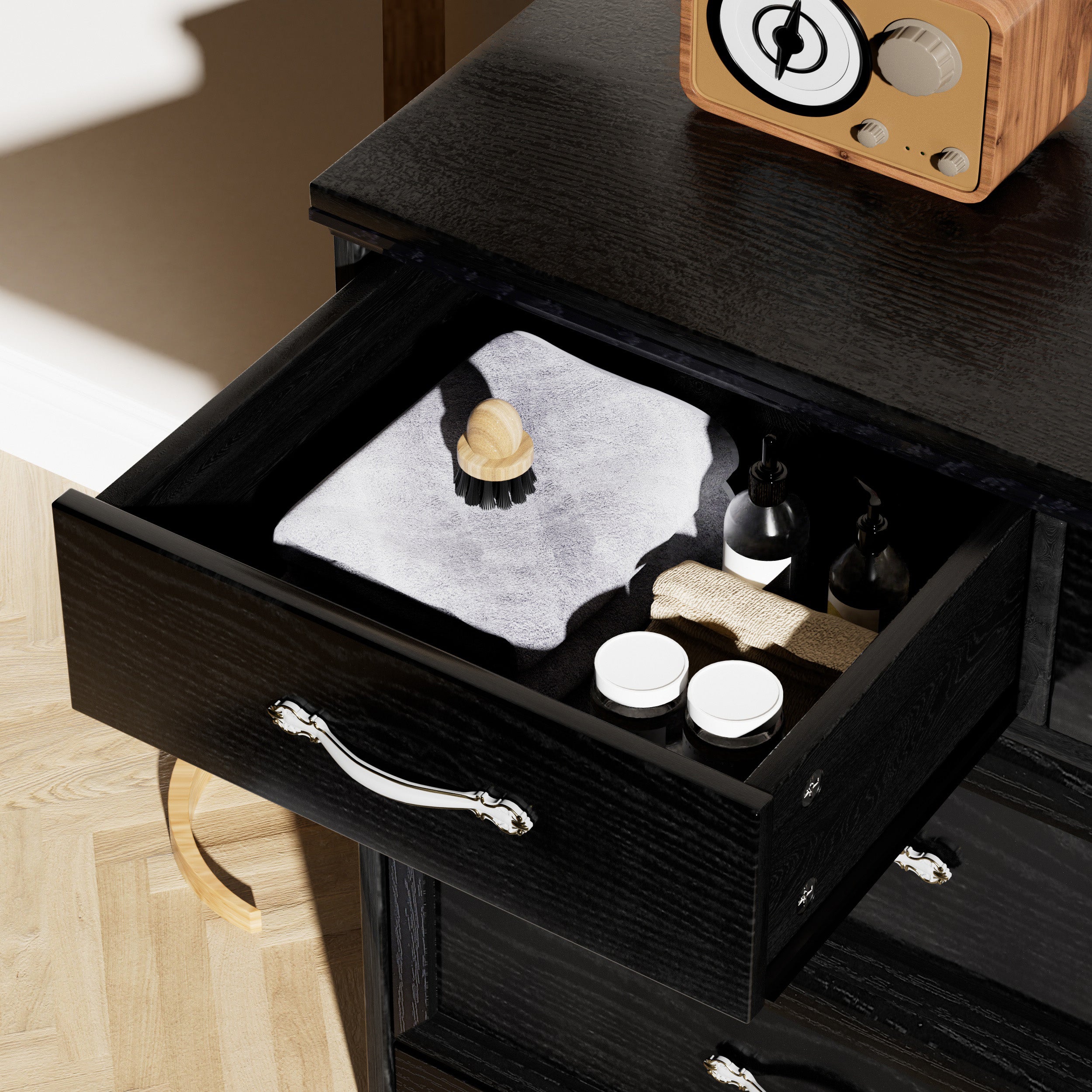 Modern 7 Drawers Dresser w/ Chest (Black)