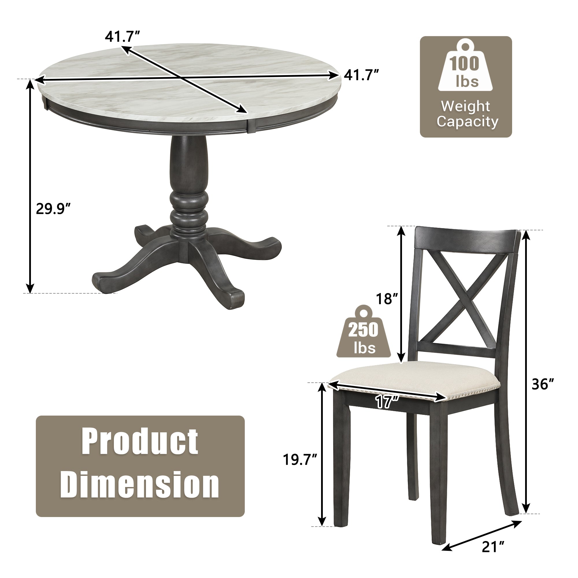 Orisfur 5 Piece Solid Wood Dining Table (Gray)