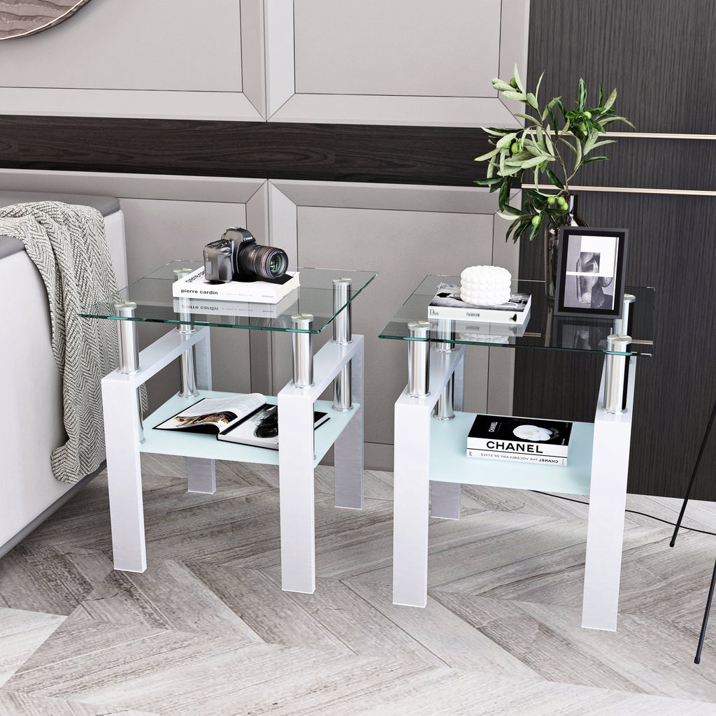 Set of 2, Modern Tempered Glass Coffee Table (White)