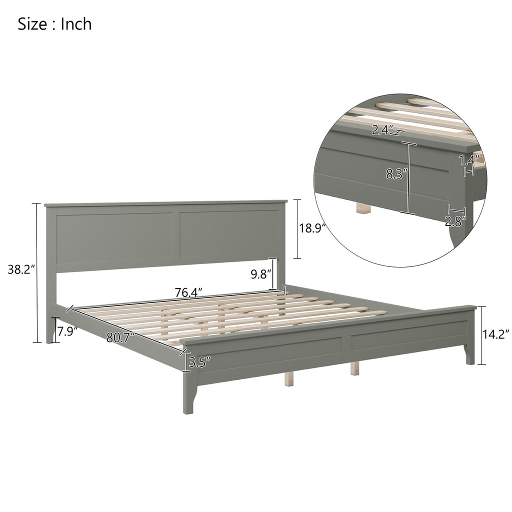 Modern Solid Wood King Platform Bed (Gray)