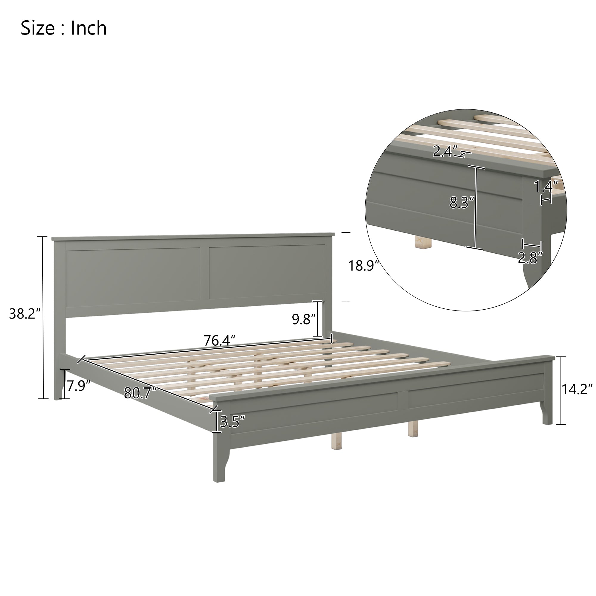 Modern Solid Wood King Platform Bed (Gray)