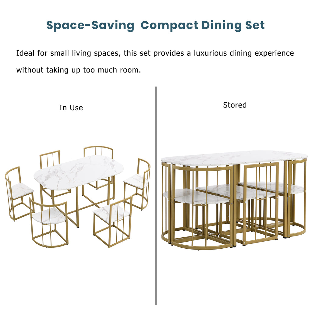 Modern 7-Piece Dining Table Set with Faux Marble (White/Gold)