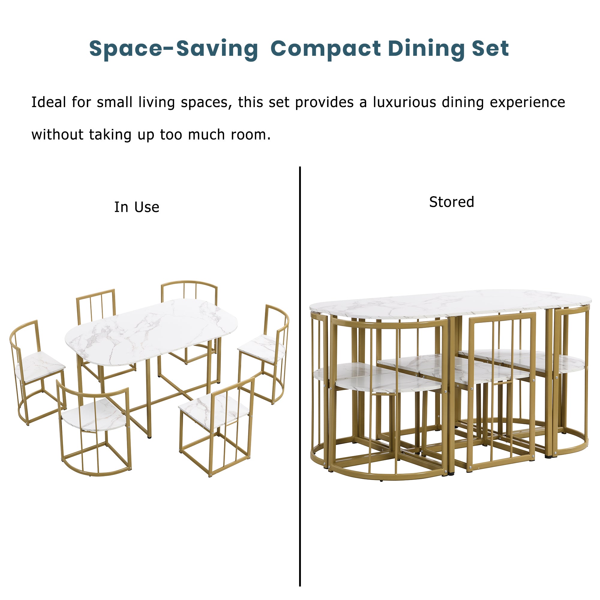 Modern 7-Piece Dining Table Set with Faux Marble (White/Gold)