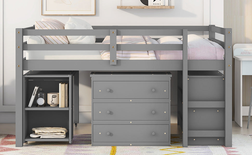 Low Study Full Loft Bed w/ Cabinet Shelves & Desk (Gray)