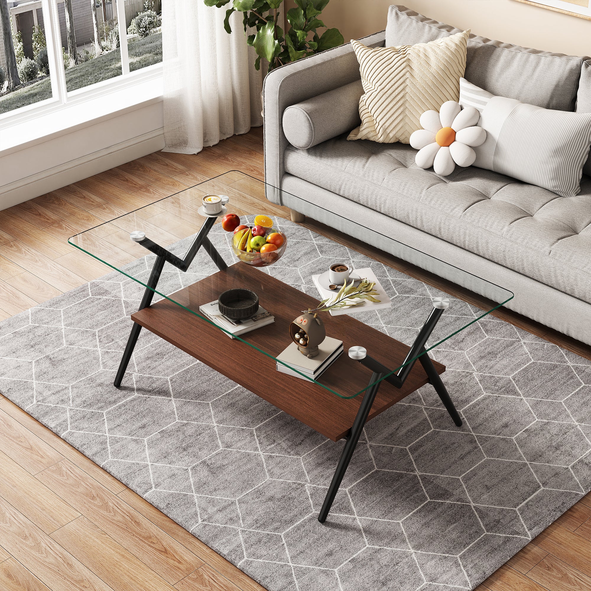 Modern Rectangle Coffee Table with Tempered Glass