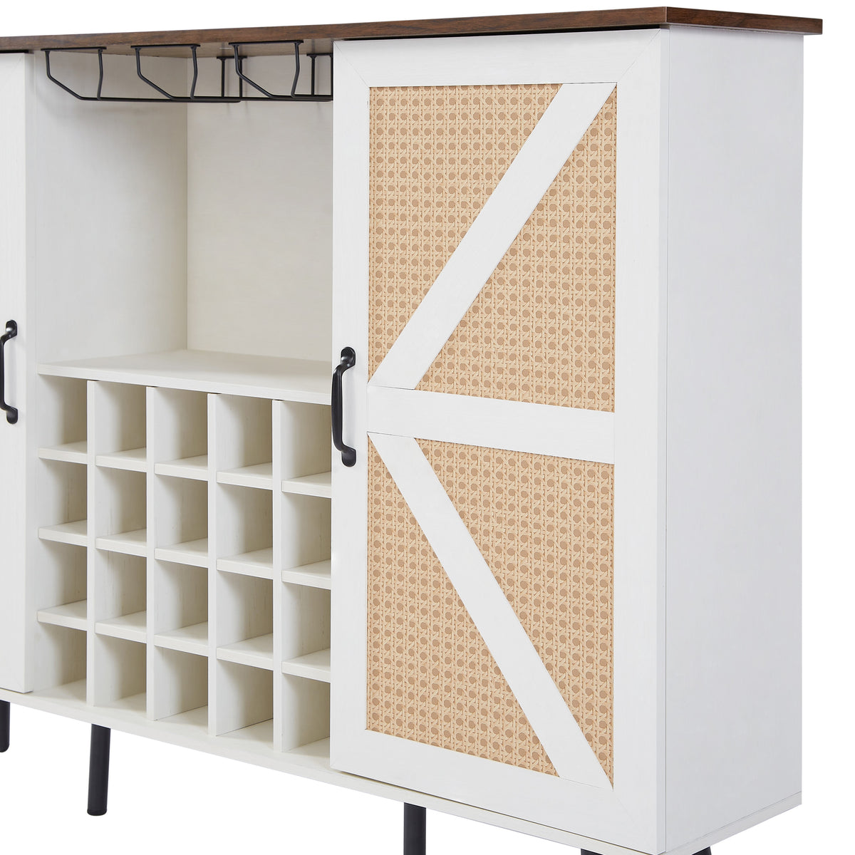 White Faux Rattan Barn Door Wine Cabinet W/ Wine Rack and Wine Glass Rack