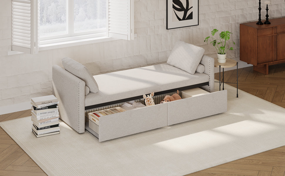 Modern Lounge Chair Sofa Bed w/ 2 Drawers - without mattress (Beige)