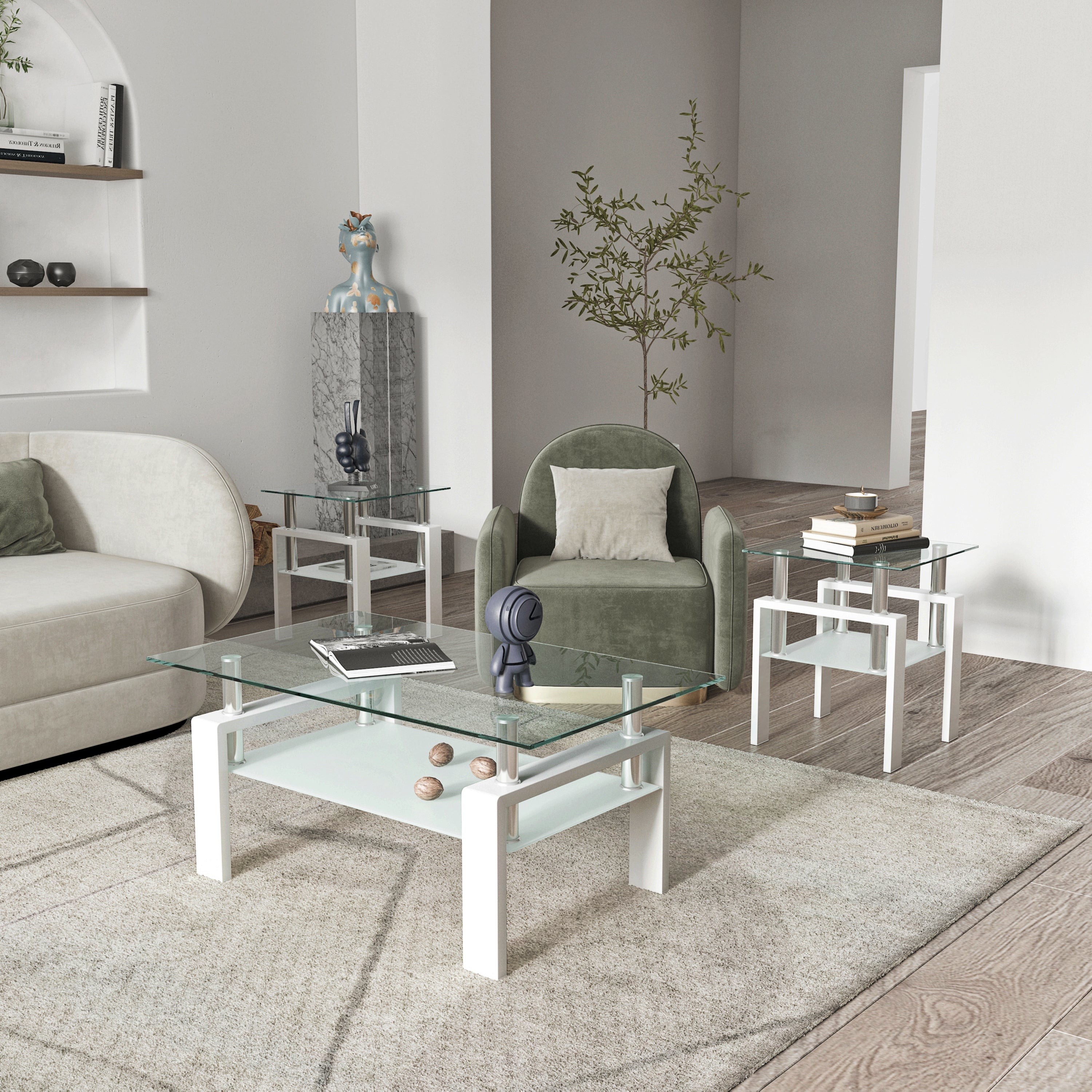 Set of 2, Modern Tempered Glass Coffee Table (White)