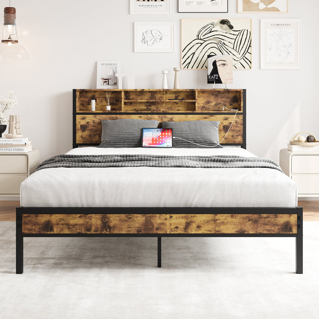 Wooden Queen Bed Frame w/ Storage Headboard (Black)