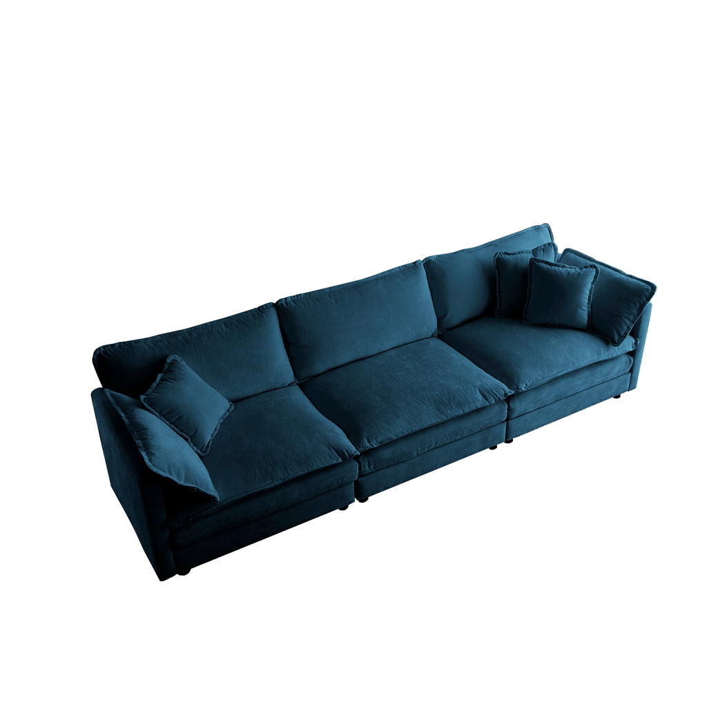 Mid-Century 3-Seat Chenille Sofa with 2 Armrest Pillows and 3 Toss Pillows (Blue)