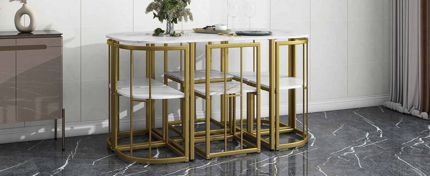 Modern 7-Piece Dining Table Set with Faux Marble (White/Gold)