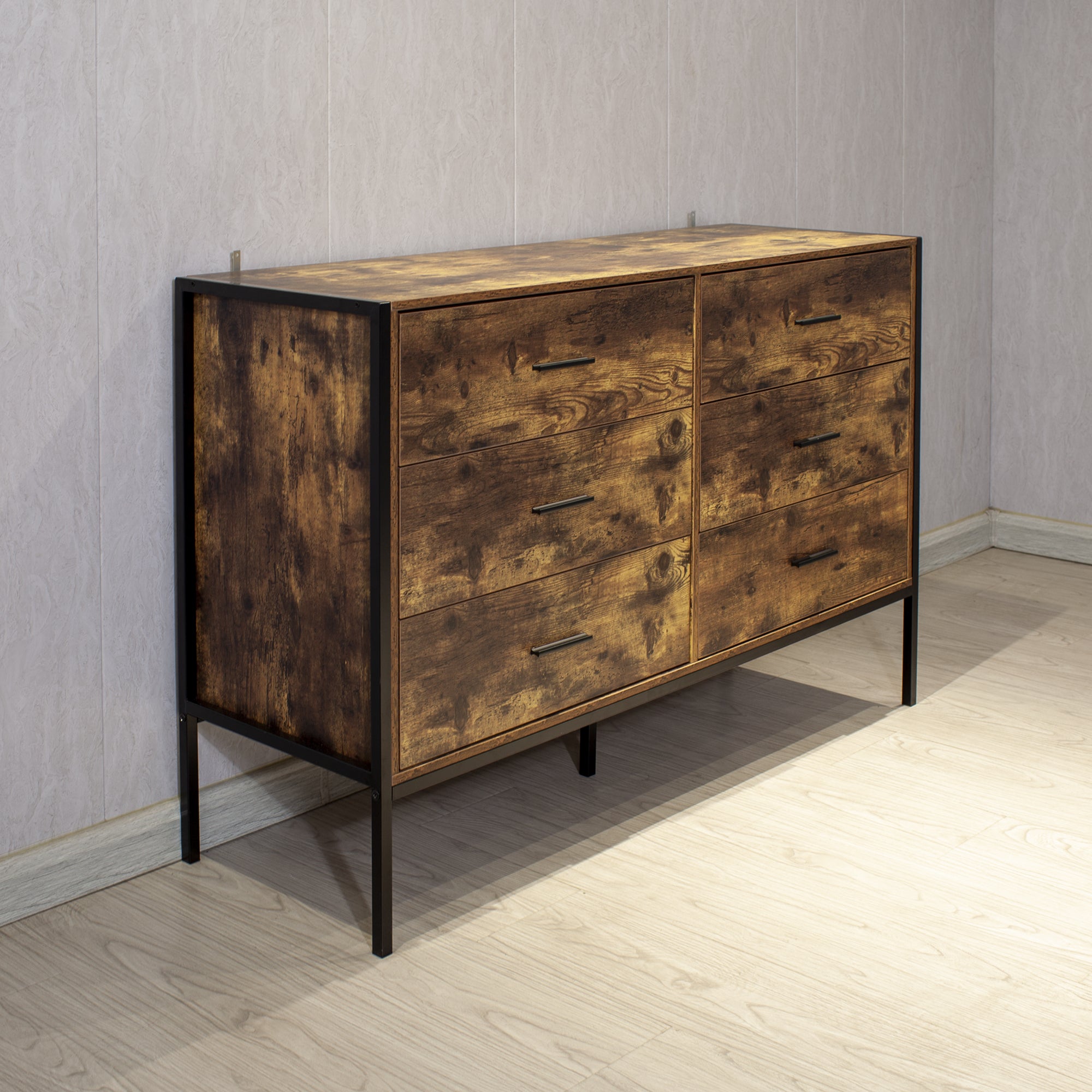 Rustic 6 Drawer Wooden Dresser (Brown)