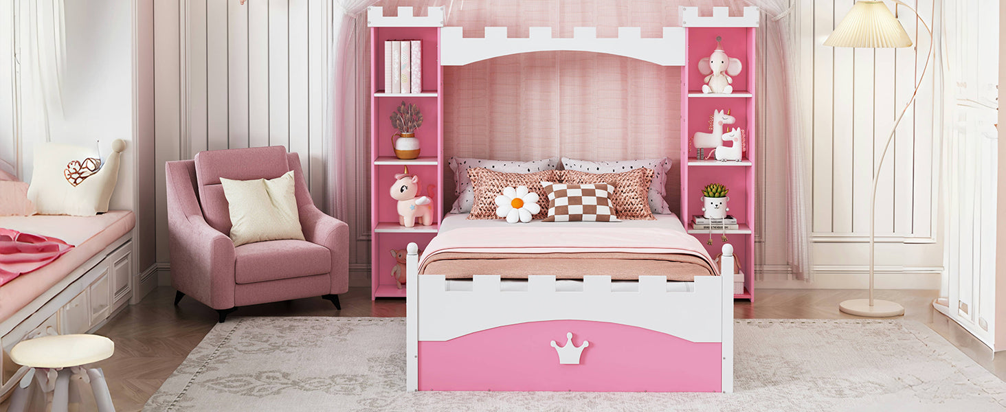 Castle-Shaped Wooden Bed w/ Storage Shelf (Pink)