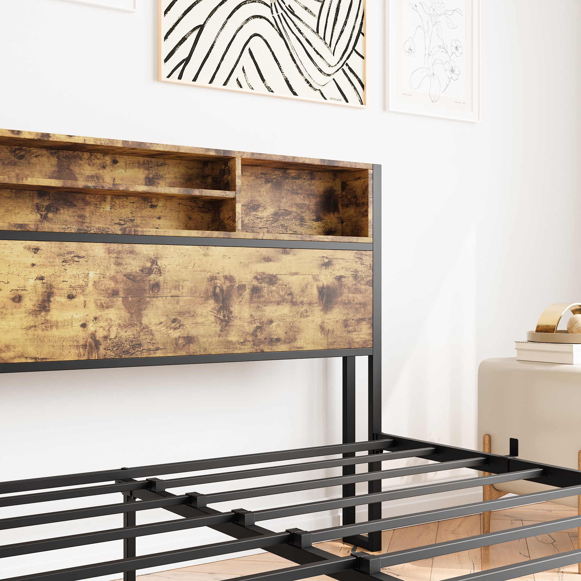 Wooden Queen Bed Frame w/ Storage Headboard (Black)