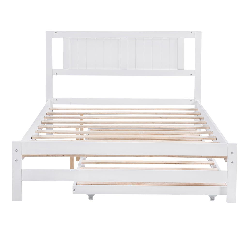 Full Size Platform Bed with Adjustable Trundle (White)