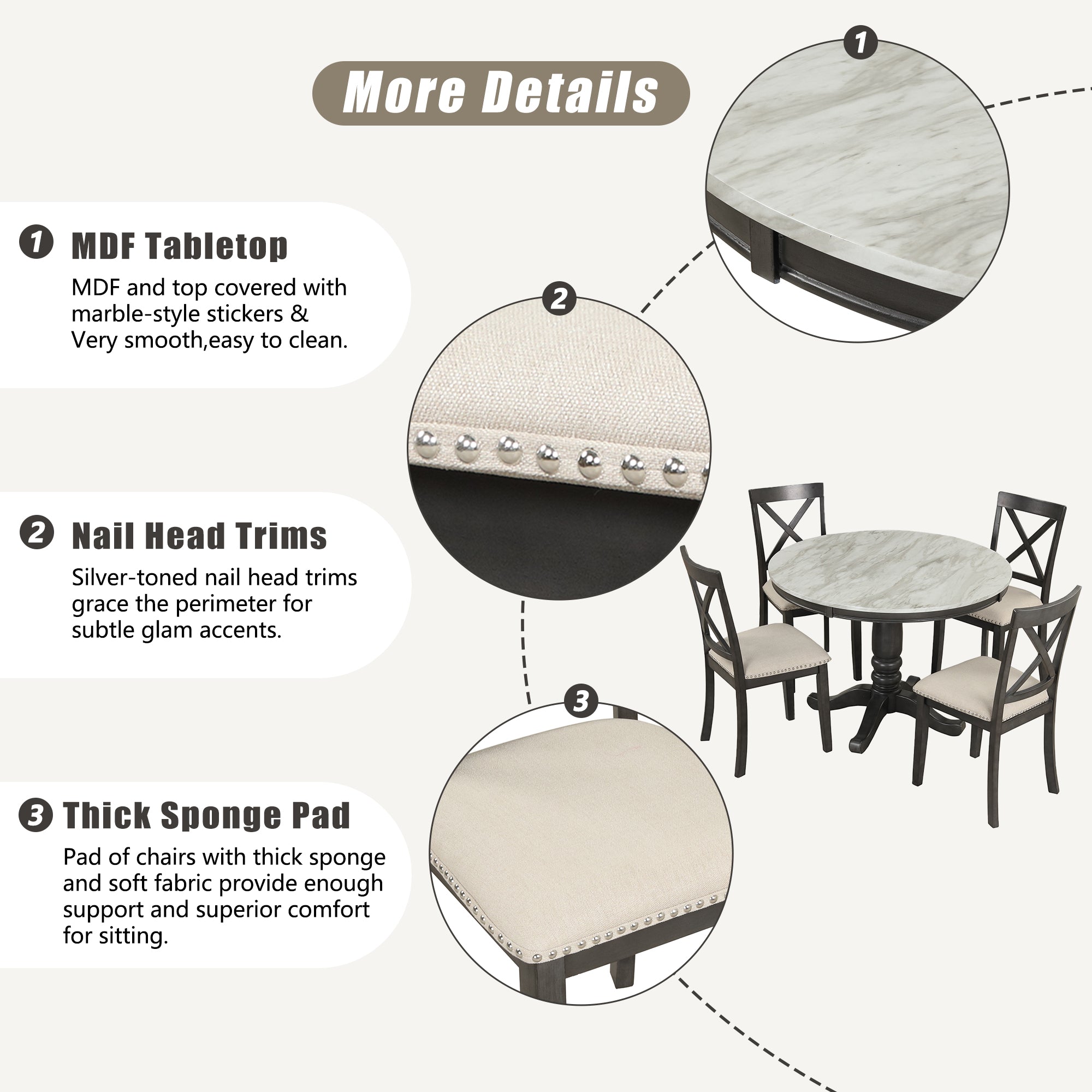 Orisfur 5 Piece Solid Wood Dining Table (Gray)