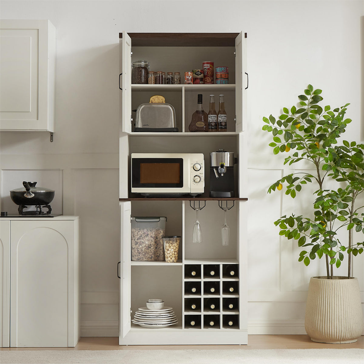 76 Inch Tall Farmhouse Kitchen Faux Rattan Wine Cabinet