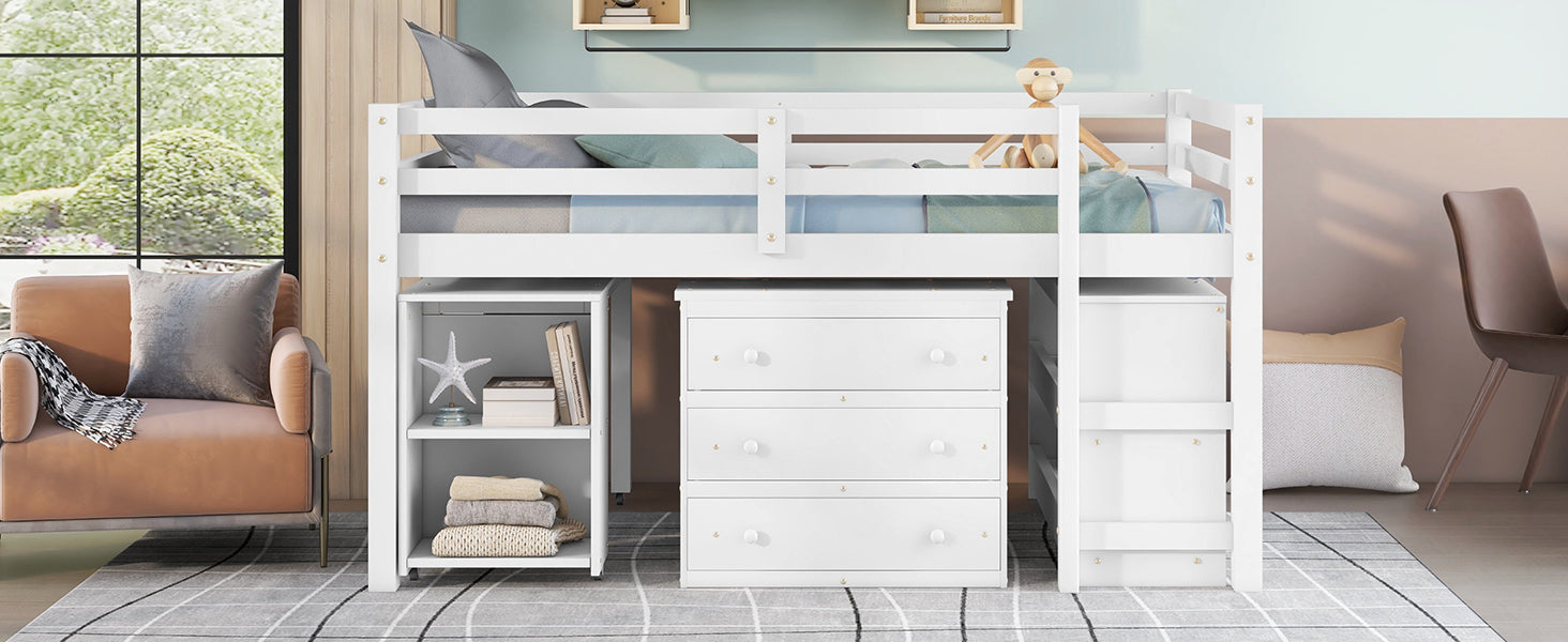Low Study Full Loft Bed w/ Cabinet Shelves & Desk (White)
