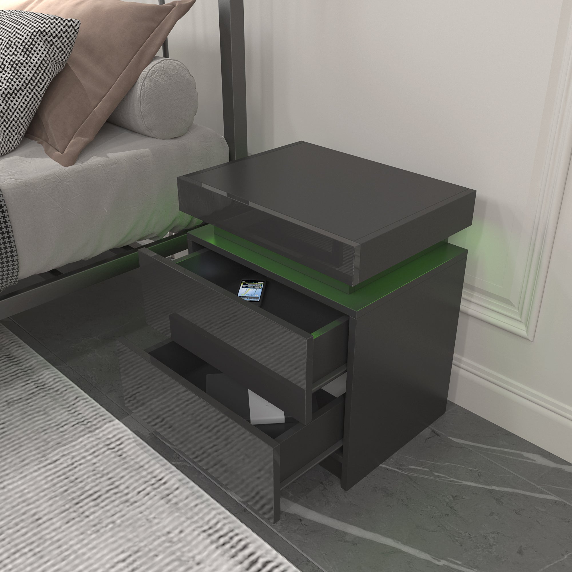 Modern LED Nightstand w/ 2 Drawers (Black)
