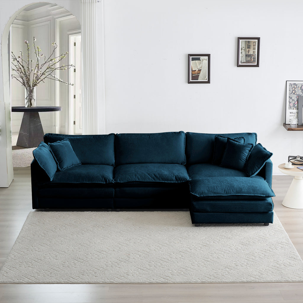 Modular Oversized L Shaped Sectional Sofa w/ Reversible Ottoman (Blue)